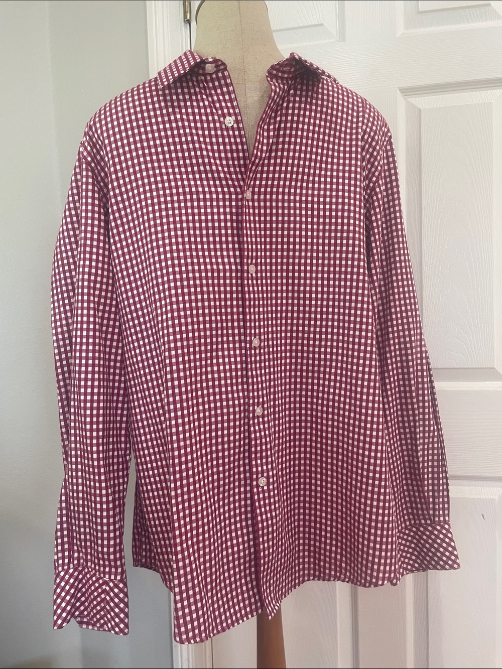 Structure premium woven 100% cotton, gingham red white button-down shirt men’s L
